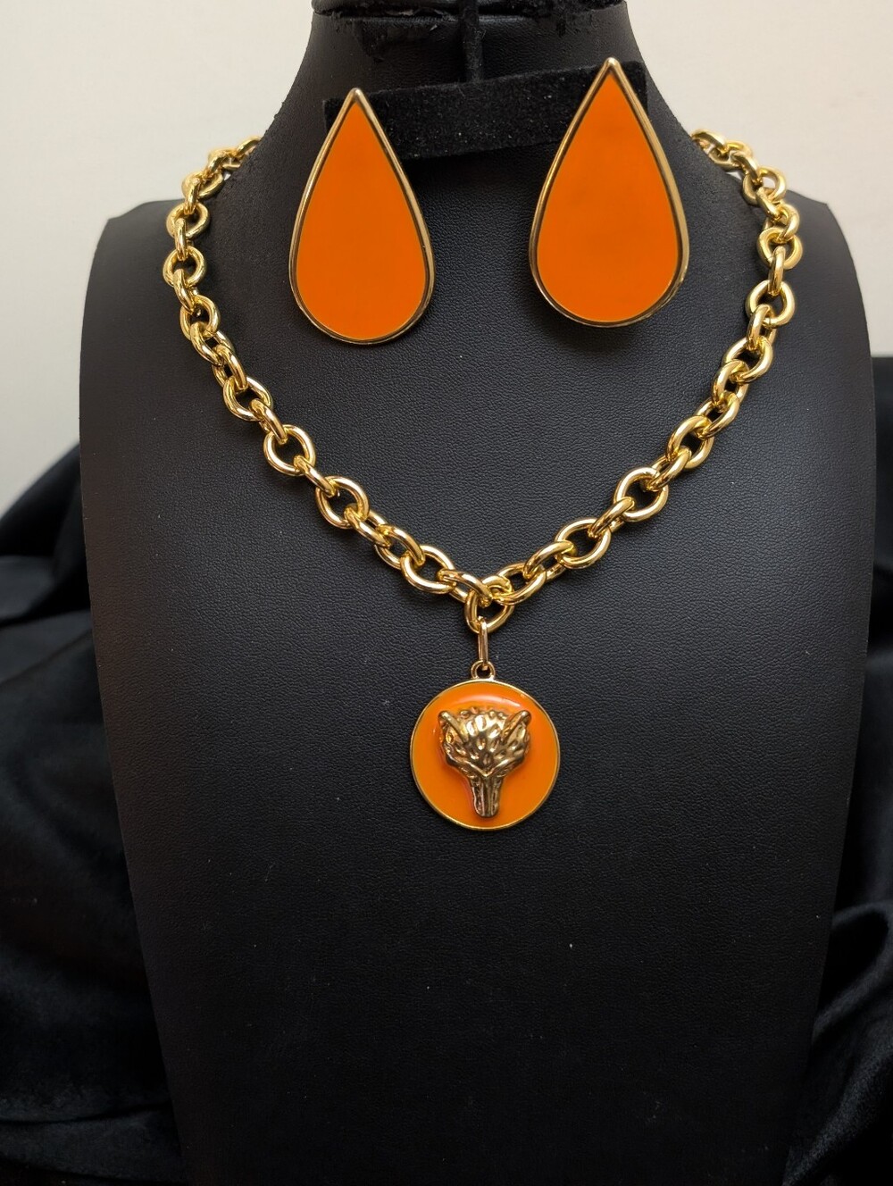 #1. Vintage Gold Necklace With Fox Head Pendant & Earrings